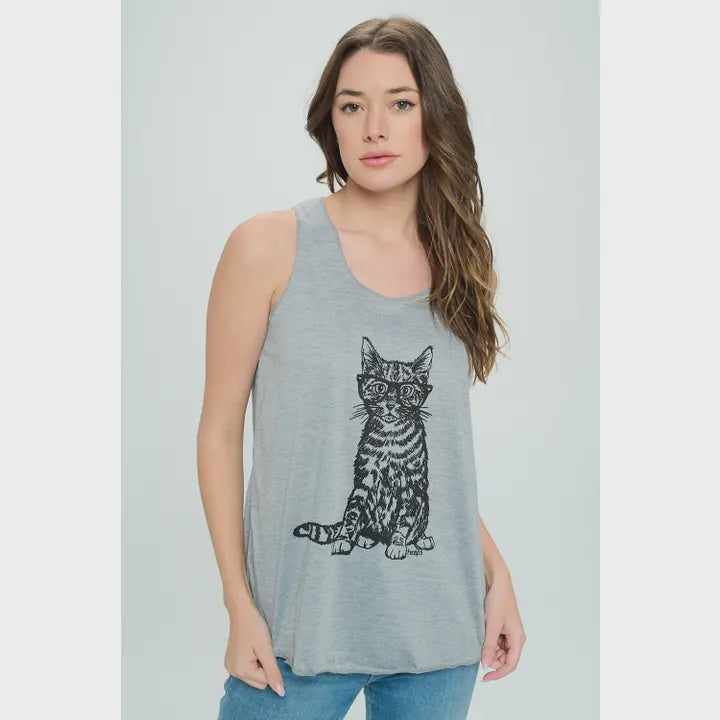SM Wardrobe - Women's Cat Wearing Glass Print Tank Top