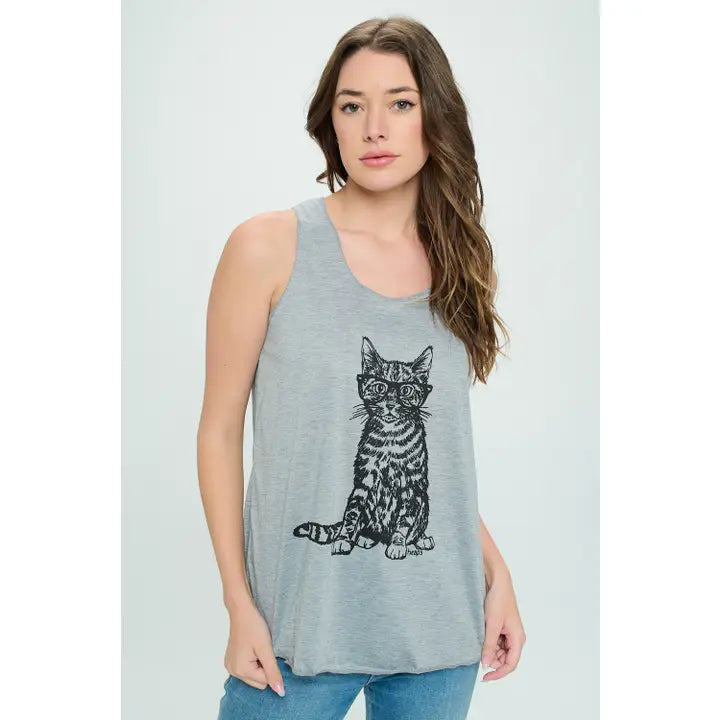 SM Wardrobe - Women's Cat Wearing Glass Print Tank Top