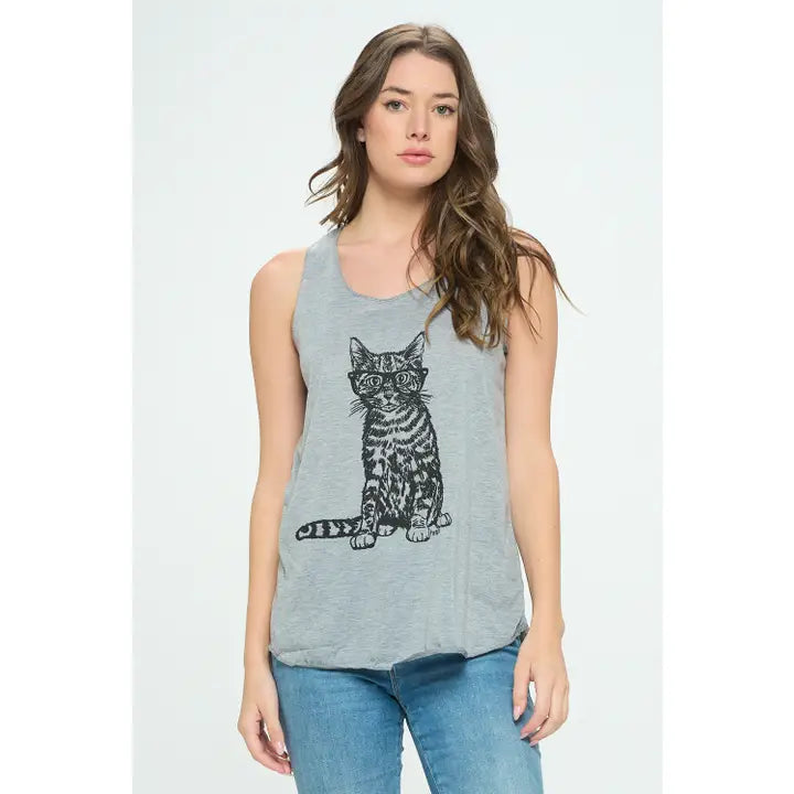 SM Wardrobe - Women's Cat Wearing Glass Print Tank Top