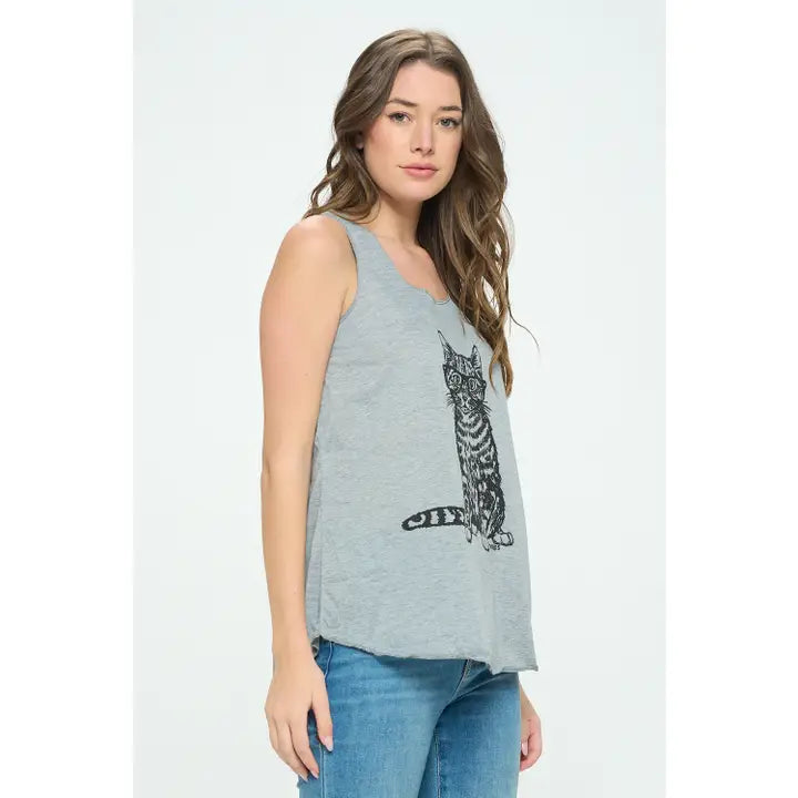 SM Wardrobe - Women's Cat Wearing Glass Print Tank Top